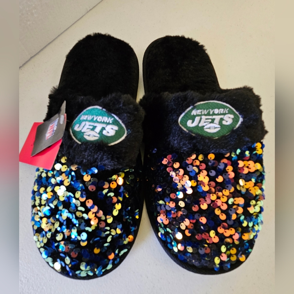 Ladies NFL Sequin New York Jets Slippers - Black and Multicolor Size L (9-10)